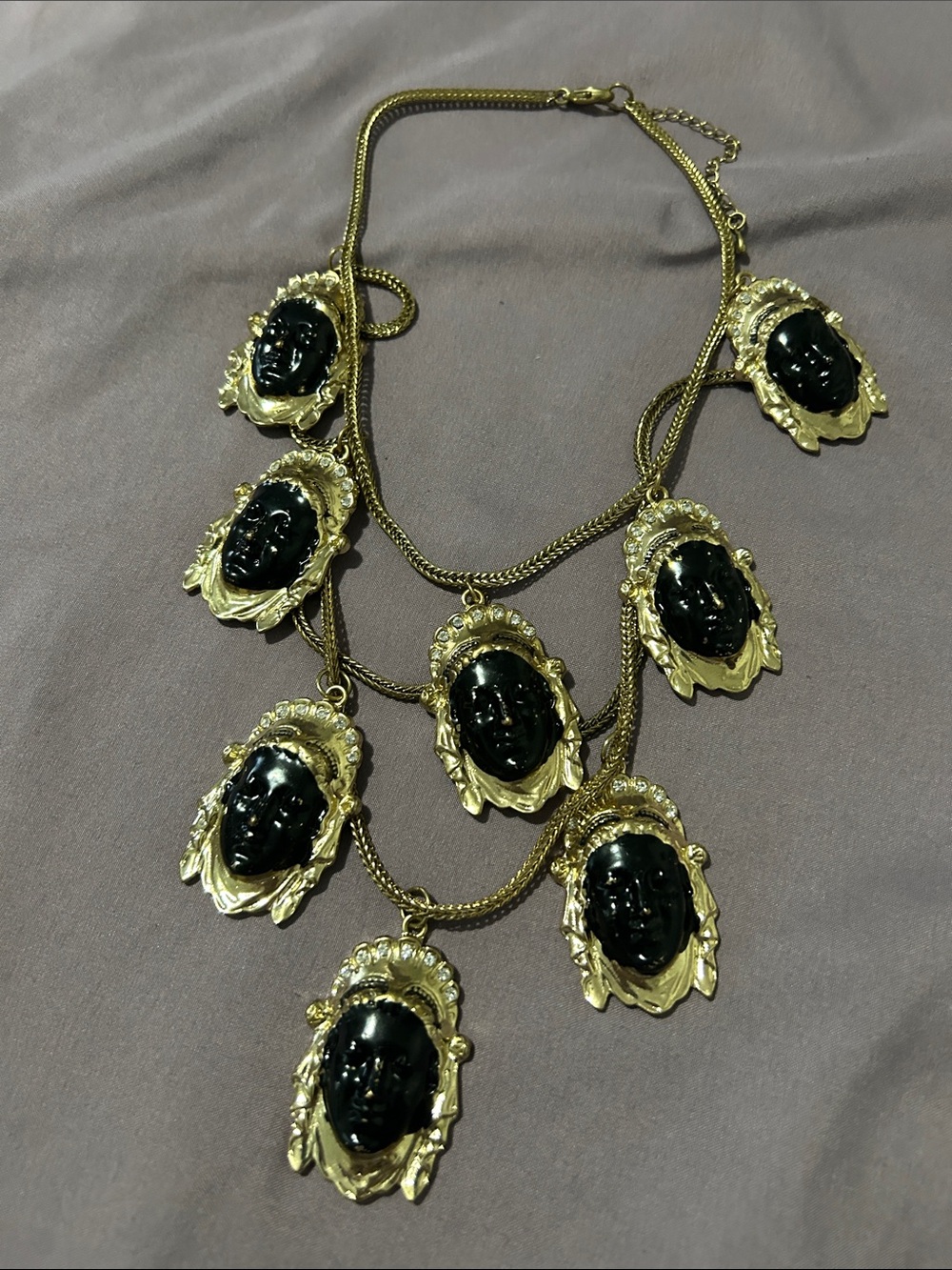 Gold-Tone Statement Necklace with Black Cameo Faces - Women Jewelry